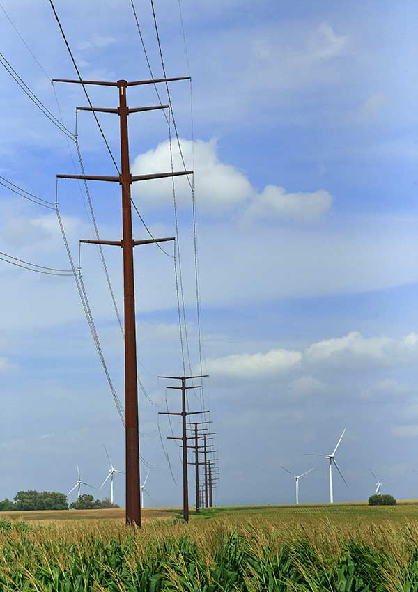 Power lines tower over green and yellow fields